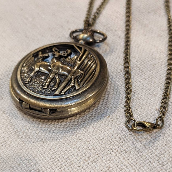 Deer Pocket Watch Hunter Gift Hunting Buck Bronze Necklace Chain - Picture 5 of 5